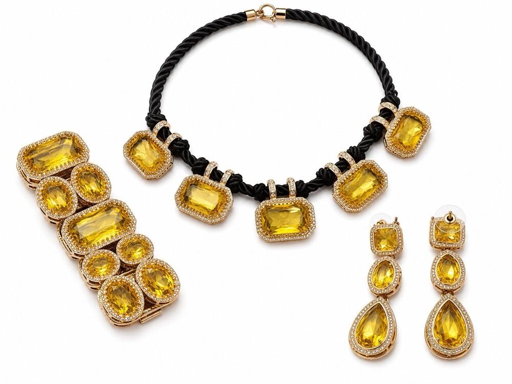 VINTAGE HENRI BENDEL YELLOW CRYSTAL NECKLACE BRACELET EARRINGS 3PC SET